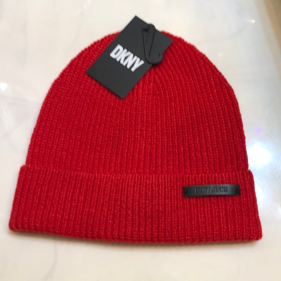 DKNY Ribbed Knit Cuffed Beanie Hat Color Scarlet Red Logo Accent OS NWT - Picture 14 of 15